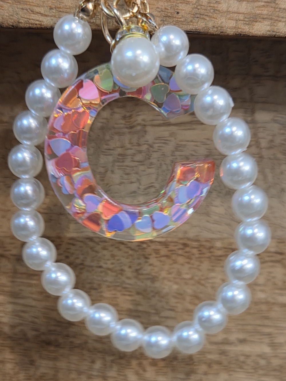 Pearl Beaded Wristlet with a Heart Filled Iridescent 'C' Charm - Picture 1 of 8
